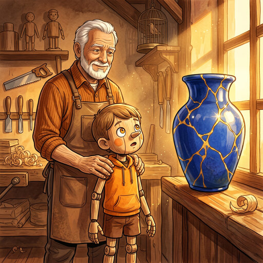 Cuento infantil ilustrado sobre Pinocho y Geppetto. Un muñeco de madera aprende el valor de decir la verdad cuando rompe el jarrón favorito de su padre. Historia sobre honestidad, valentía y confianza para niños de 5 a 7 años. Cuento con valores sobre miedo al error y comunicación familiar.