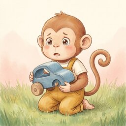 Um macaquinho pequeno de jardineiras mostarda, ajoelhado na relva, aperta contra o peito o seu carrinho de madeira azul, a que falta uma roda. Tem os olhos lacrimosos e um ar triste, mesmo antes de desatar a chorar. O ar à sua volta tem um tom rosado quente.