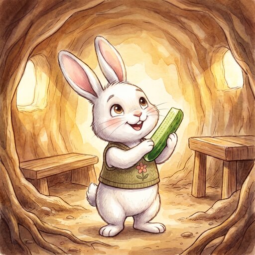 Uma coelhinha branca, a Nuvenzinha, com um colete de malha verde com uma florinha, está de pé na sua toca acolhedora de tons quentes e segura com as duas patinhas um pauzinho de pepino verde, a sorrir com curiosidade e alegria.