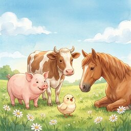 Libro illustrato per bambini. Un pulcino piccolo e giallo, in un prato verde al mattino, guarda in alto con il becco aperto facendo «pio». Intorno a lui, tre animali della fattoria molto più grandi — un maiale, una mucca e un cavallo — lo osservano con aria gentile. Una storia sui versi degli animali e sulla gioia di comunicare, per bambini dai 2 ai 3 anni.
