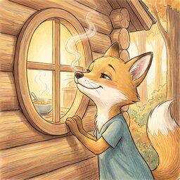 Close-up of Risi, a little fox with golden fur and a teal tunic, leaning against the round window of the bears' little house in the forest, delightedly sniffing the steam of the soup drifting out from the warm inside.
